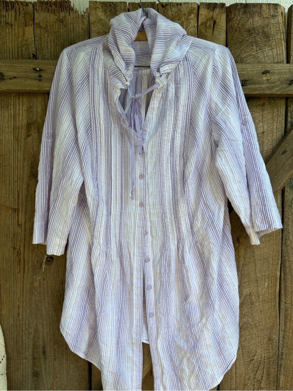 Light Cotton Purple Striped Women's Tunic Top FLAW Red pen mark